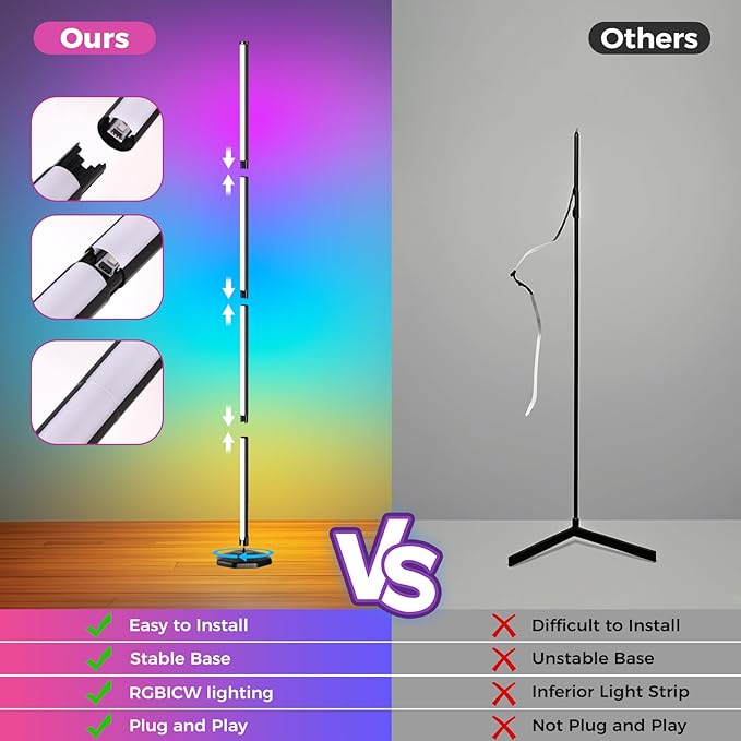 DomeStar Smart RGBIC Corner Floor Lamp, Ambient Lighting 16 Million DIY Color Changing Standing Led Lights Unique Lamps with Music Mode and Timing for Living Rooms, Gaming Rooms, Aesthetic Home Decor