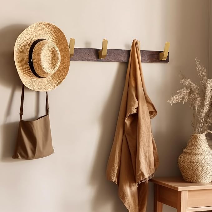Wall Mounted Coat Rack, Entryway Hanging Coat Rack, Metal Wood Coat Rail with 5 Rustic Hooks Rail for Coat, Scarf, Bag, Towel, Key, Cap, Hat, Walnut Gold Matt
