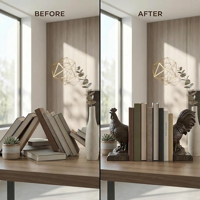 Comfy Hour Rooster Decorative Bookends, Vintage Farmhouse Style Animal Book Ends for Shelves, Heavy Duty Antique Rusty Effect Book Stopper for Books & Cookbooks, 1 Pair