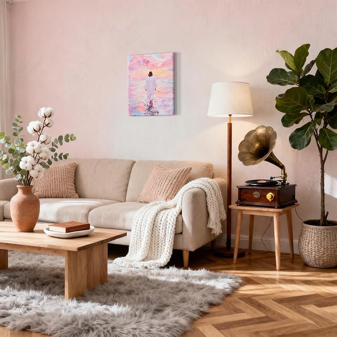 Jesus Wall Art, Pink Jesus Walking on Water Canvas Prints Painting, Christian Wall Decor Religious Poster Pictures Artwork for Living room Bedroom Church 16x24 in Framed
