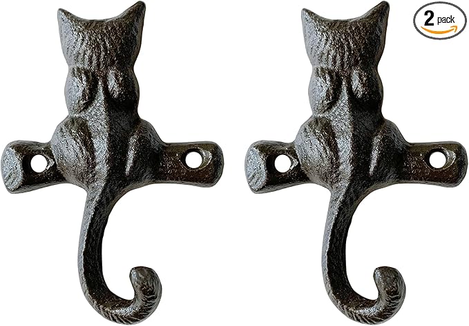 Rustic Cat-Shaped Decorative Wall Hook Rack Hangers for Hanging Clothes, Coats, Towels, Keys, and Hats, 2 Pack Antique Cast Iron Mounted Wall Hooks