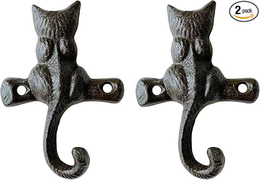 Rustic Cat-Shaped Decorative Wall Hook Rack Hangers for Hanging Clothes, Coats, Towels, Keys, and Hats, 2 Pack Antique Cast Iron Mounted Wall Hooks