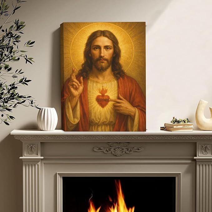 Sacred Heart of Jesus Canvas Wall Art Divine Mercy Wall Decor Jesus Portrait Painting Christian Religious Artwork Catholic Poster Prints for Bedroom Living Room Prayer Room Church 16x24in