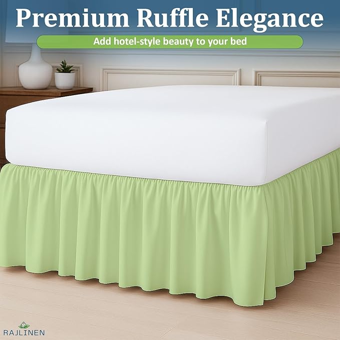 Rajlinen Ruffled Bed Skirt Full XL, 12 Inch Drop Dust Ruffle with Split Corners, 100% Microfiber Bedskirt with Platform, Three-Sided Coverage Ruffled Gathering Design, Sage