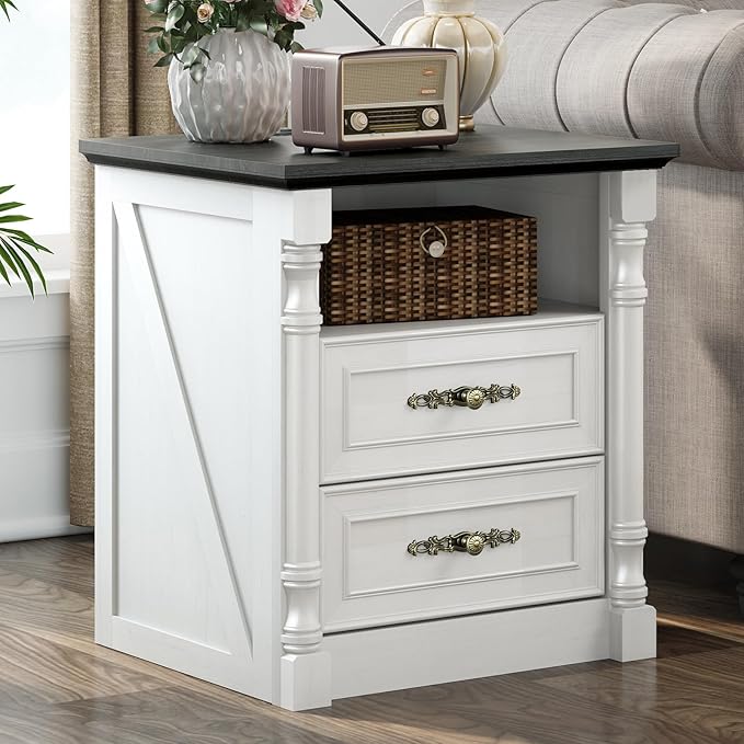 Farmhouse Nightstand with Charging Station and 2 Storage Drawers, 22" Wide Wood Vintage Night Stand with Charger and Roman Column, Rustic End Table, Bedside Table for Bedroom, Antique White