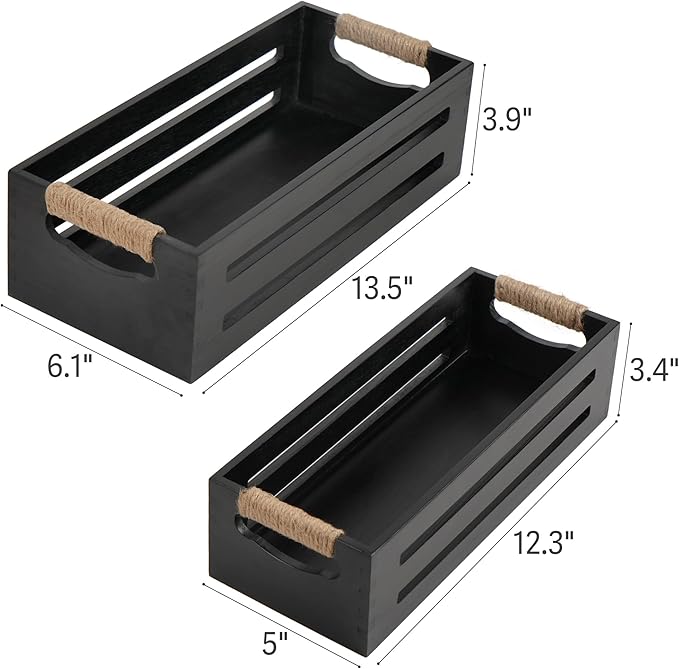LotFancy Bathroom Decor Box, 2 Pack Toilet Tank Topper Basket, Wooden Bathroom Basket, Back of Toilet Storage Basket, Black Farmhouse Toilet Paper Holder