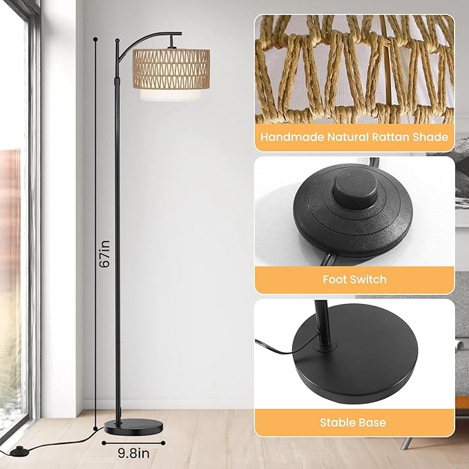 Yusist Arc Floor Lamp for Living Room,Farmhouse Floor Lamps with Remote Control & Dimmable Bulb,Rattan Boho Tall Standing Lamp for Bedroom Office