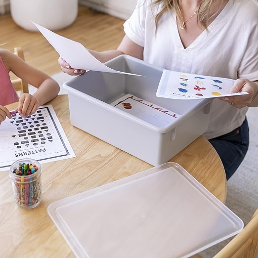 ECR4Kids Letter Size Deep Tray with Lid, Storage Bin, Light Grey, 10-Piece