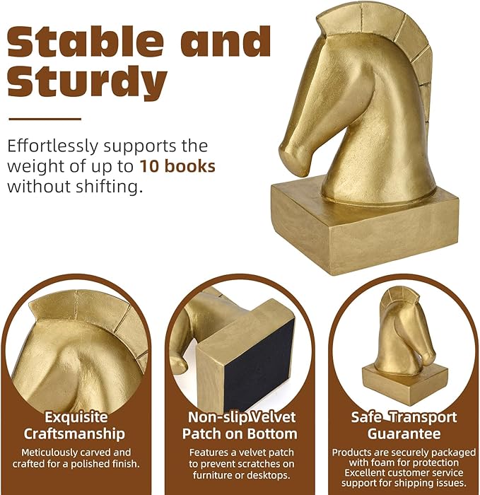 Gold Horse Head Decorative Bookends - Heavy Duty Non-Slip Book Holders, Horse Statue Book Ends for Shelves, Modern Equestrian Ornaments for Home Farmhouse Shelves Office Lover Gift
