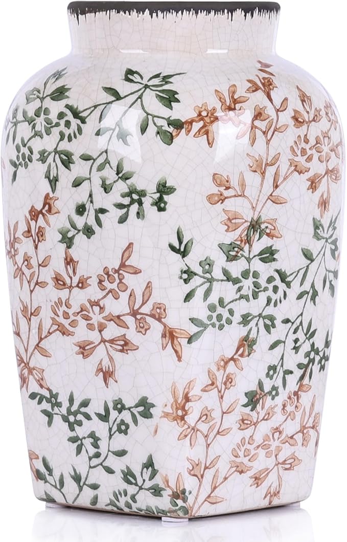 Green and White Vintage Vase - 9.7 Inchs Chinoiserie Decor Crackle Finish Floral Vase, Rustic Farmhouse Decorative Vases for Table, Living Room, Bathroom, Shelf Decor, Mantel, Centerpieces