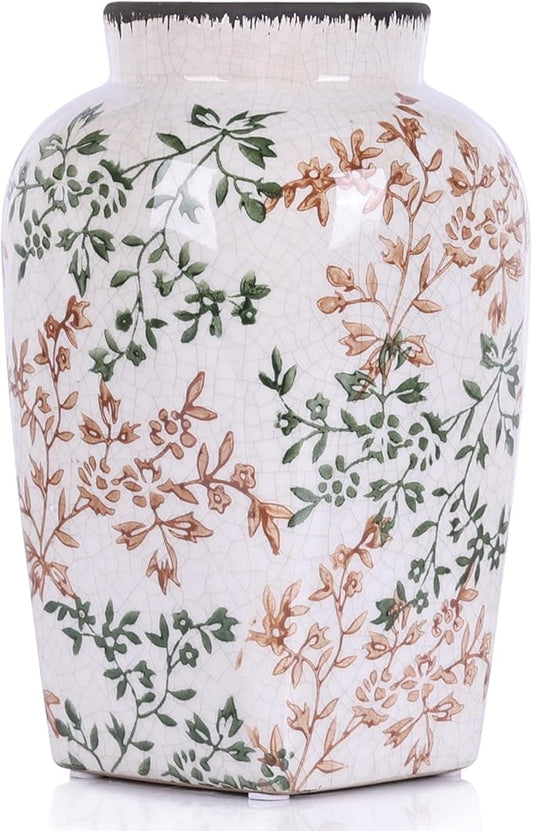 Green and White Vintage Vase - 9.7 Inchs Chinoiserie Decor Crackle Finish Floral Vase, Rustic Farmhouse Decorative Vases for Table, Living Room, Bathroom, Shelf Decor, Mantel, Centerpieces