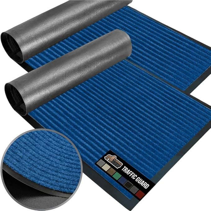 GORILLA GRIP Waterproof Traffic Guard Door Mat, 2 Pack Heavy Duty Entryway Mats, Strong Backing Commercial Utility Rugs for Office Hallway, Garage Floor and Home, Low Profile Carpet, 29x17, Blue