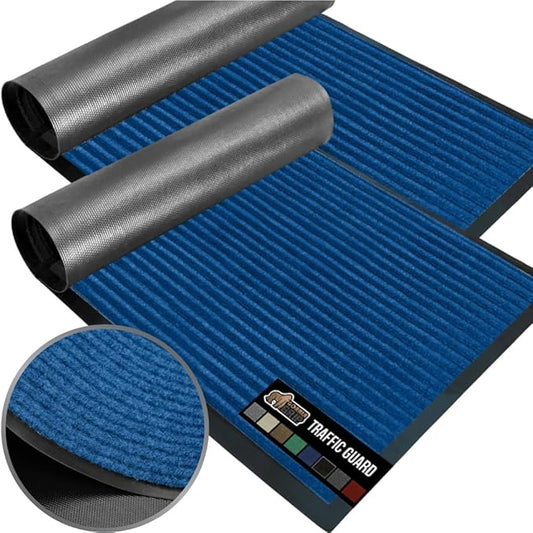 GORILLA GRIP Waterproof Traffic Guard Door Mat, 2 Pack Heavy Duty Entryway Mats, Strong Backing Commercial Utility Rugs for Office Hallway, Garage Floor and Home, Low Profile Carpet, 29x17, Blue