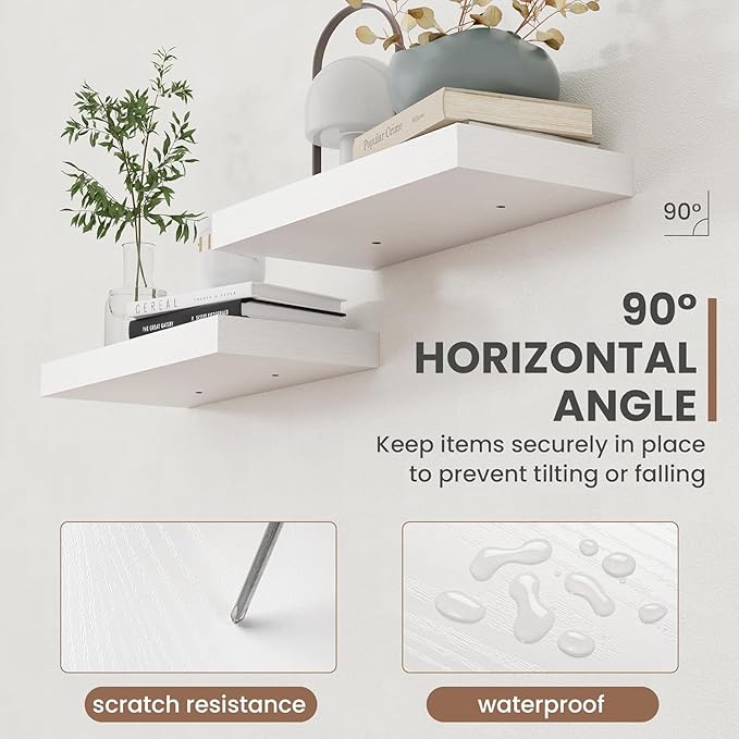 55 Inch Floating Shelves, 8 Inch Deep Floating Shelves for Wall, Hanging Shelf with Invisible Brackets, Deep Shelves for Bathroom, Bedroom, Living Room, White, Set of 2