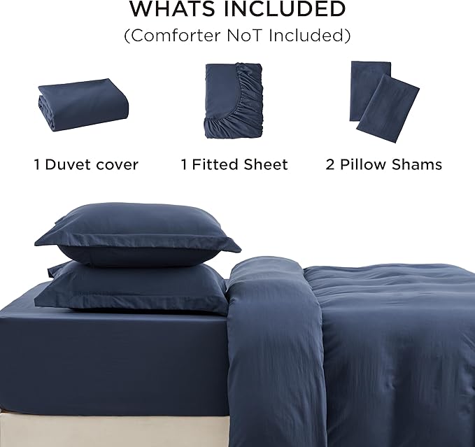 Bedsure Duvet Cover King Size with Fitted Sheet - 4 Pieces Prewashed Cotton-Like Extra Soft Bedding Set, Includes 1 Duvet Cover 104x90 Inches with Zipper Closure, 2 Pillow Shams, 1 Fitted Sheet, Navy