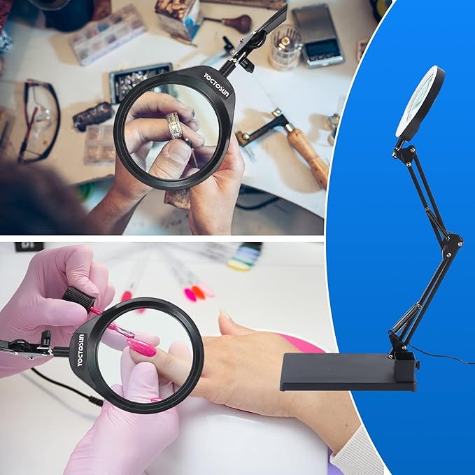 YOCTOSUN 10X Magnifying Glass Lamp with 6 Color Modes Stepless Dimmable, 96 LEDs and 5" Real Glass Lens, Adjustable Swivel Arm Desk Magnifier with Light and Stand for Crafts Hobby Close Work