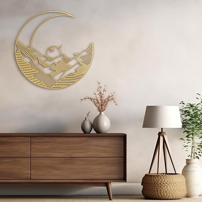 SIGNLEADER Metal Wall Art Decor Moon Landscape Minimalist Modern Abstract Wall Sculpture Hangings Home Decoration for Living Room, Bedroom, Bathroom, Kitchen, Outdoor - 18" Gold