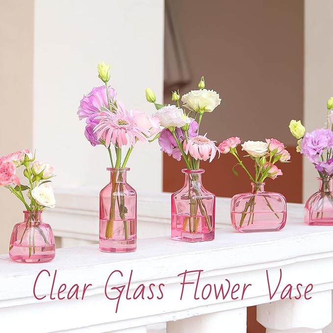 Pink Vase, Bud Vases Set of 24, Small Pink Glass Vases for Flowers Wedding Flower Vase in Bulk Modern Glass Bud Vase for Decor Home Centerpieces Table Flower Decor