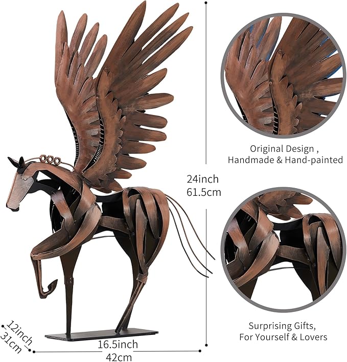 Horse Statue Décor Artwork, 24" H Handmade Metal Pegasus Greek Flying Horse Sculpture, Hand-Painted Animal Figurines for Home Living Room Office (Vintage Brown with Wings)