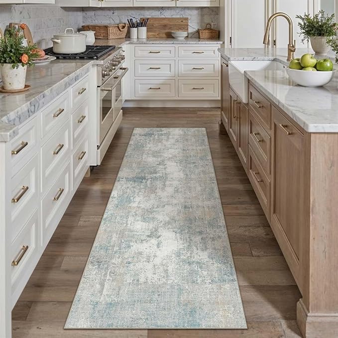 WondRg 3x10 Washable Runner Rug Blue Cream Abstract Hallway Kitchen Throw Rug Neutral Modern Non Slip Soft Low Pile Lightweight Carpet for Bathroom Laundry Bedroom Living Room