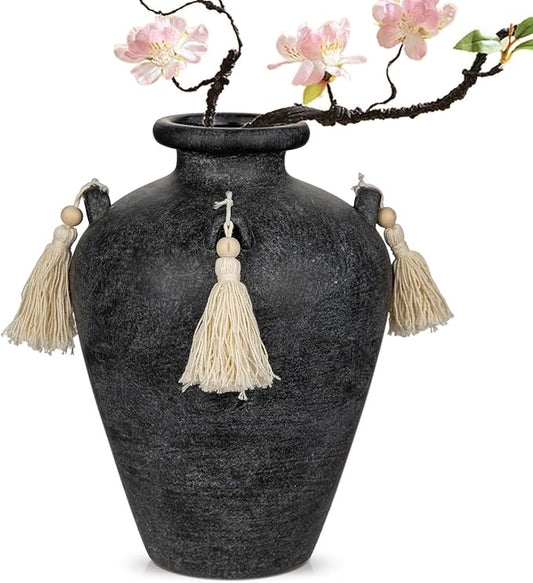 Large Decorative Ceramic Vase with Tassels, 9.4" Black Vintage Flower Vase with Handles, Textured Rustic Farmhouse Vases for Home Decor, Table Centerpiece, Living Room, Entryway, Wedding, Party Decor