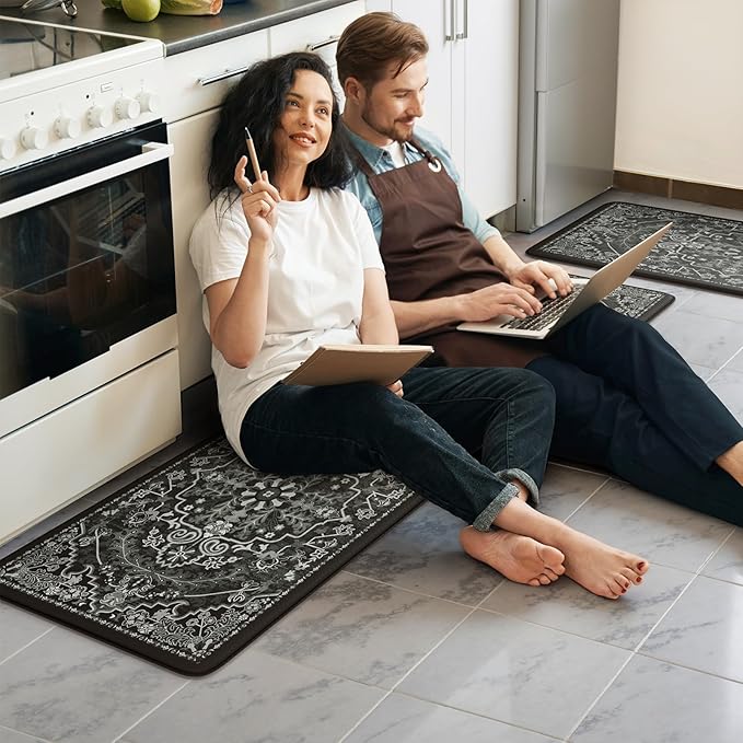 KIMODE Anti Fatigue Kitchen Mat Cushioned, Boho Distressed Kitchen Rugs Sets of 2, Non Slip Memory Foam Kitchen Mat for Floor, Standing Desk Mat for Laundry Office Sink 17.3"x29"+17.3"x59" Black