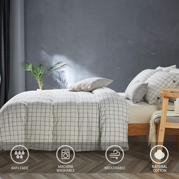 JELLYMONI Cotton Duvet Cover Full Size - White Grid Plaid Comforter Cover with Button 100% Washed Cotton 3PCS Breathable Soft Bedding Set Duvet Cover 80×90in & 2 Pillowcases (NO Comforter)