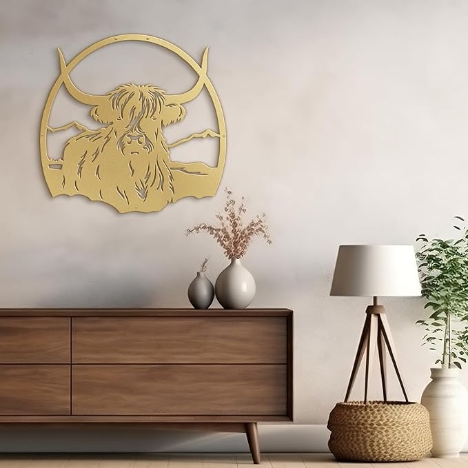 SIGNLEADER Metal Wall Art DecorHighland Cow with Mountain Minimalist Modern Abstract Wall Sculpture Hangings Home Decoration for Living Room, Bedroom, Bathroom, Kitchen, Outdoor - 18" Gold