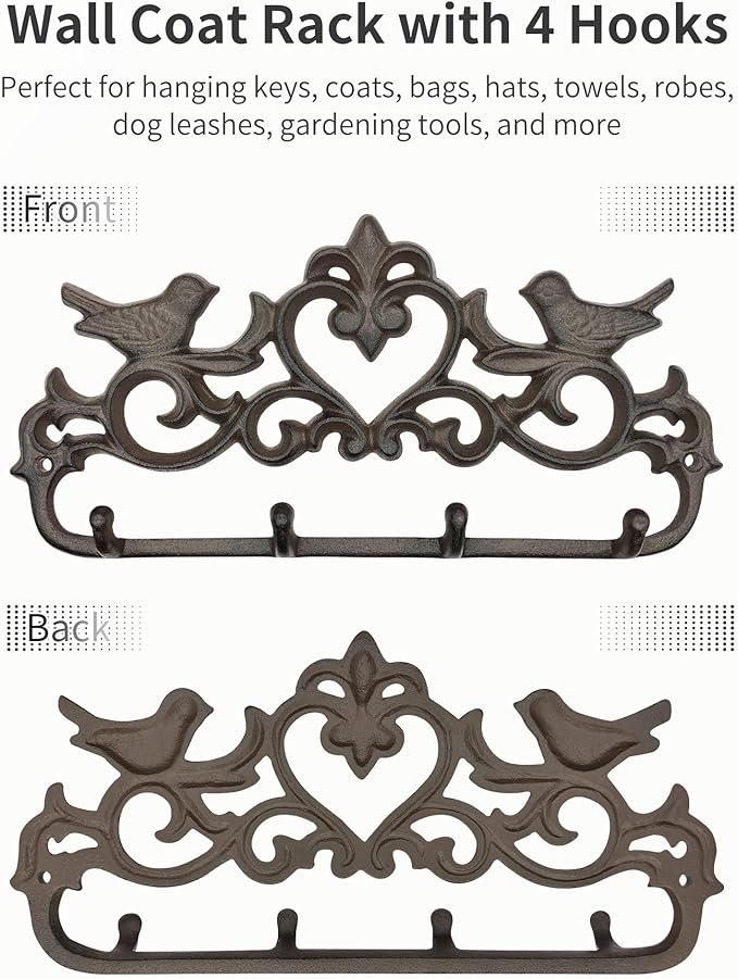 Vintage Cast Iron Wall Mounted Coat Rack with 4 Hooks - Rustic Wall Hook Rack, Farmhouse Key Holder, Heavy Duty Towel Hanger, Decorative Bird & Heart Design, Antique Black-Brown