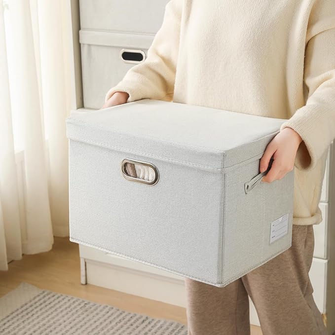 PRANDOM Collapsible Storage Bin with Lid [5-Pack] Fabric Foldable Storage Box Organizer Container Basket Cube with Cover for Home Bedroom Closet Office Beige(15.3x10x9.7)