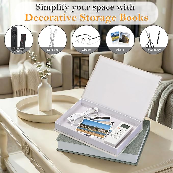 Decorative Book for Coffee Table: Linen Fabric with Gold Foil Faux Books - Set of 2 Boxes with Hidden Storage Solves Clutte - Neutral Modern Style