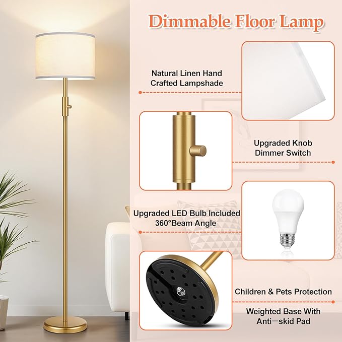 Yemela 【Upgraded】 Dimmable Gold Floor Lamps for Living Room, 11W LED Bulb Included, Modern Standing Lamp with White Lamp Shade, Tall Pole Light for Bedroom Reading Office Corner Nursery