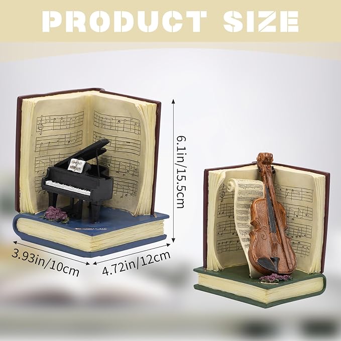 Vintage Music Book Ends for Shelves, Book Ends for Heavy Books, Deluxe Piano and Violin Decorative Bookends, Heavy Duty Bookends for Large Books, Vintage Book Stopper for Music Lovers