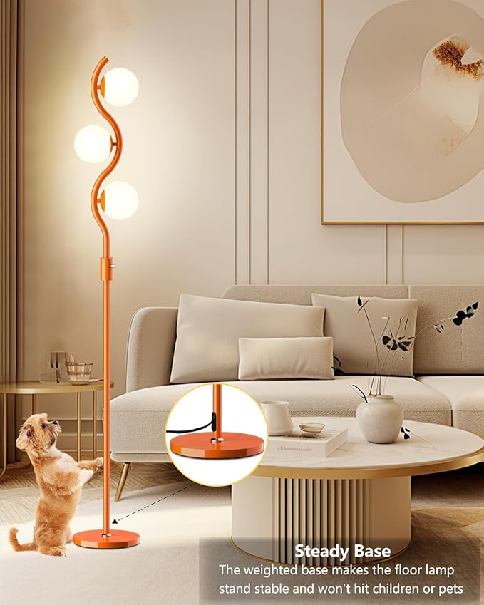 Lightdot 3-Globe Dimmable Floor Lamp Orange Mid Century Modern Standing Lamp with 3PCS 3000K G9 Bulbs Stepless Brightness Adjustable Stable Base for Living Room, Bedroom, Office
