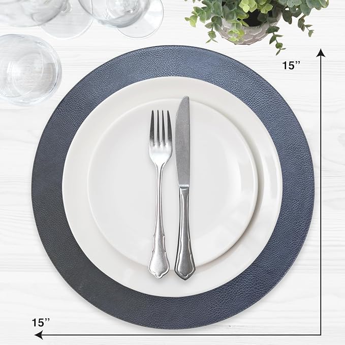 Placemats Set of 6 – Round 15” Faux Leather Table Mats for Dining, Heat Resistant & Non-Slip Washable Table Decor, Indoor, Outdoor, Dining Table Set for 6, Modern Kitchen & Holiday Use, Navy
