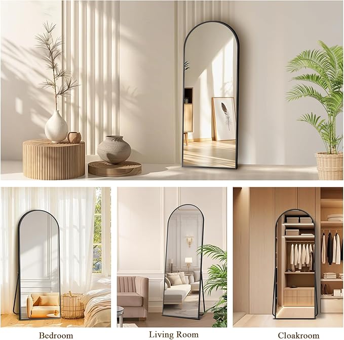Full Length Mirror with Stand, Black Arched Full Body Mirror, Aluminum Alloy Thin Frame, Freestanding/Leaning/Wall Mount for Bedroom