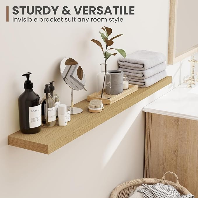 48 Inch Floating Shelves, 8 Inch Deep Floating Shelves for Wall, Hanging Shelf with Invisible Brackets, Deep Shelves for Bathroom, Bedroom, Living Room, Oak, Set of 2
