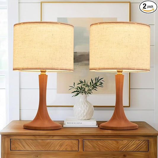 2 Pack Bedside Table Lamp for Bedroom, Nordic Plug in Fabric Shade & Solid Wood Base Desk Lamp, Plug & Play Red Wood Color Nightstand Lamp for Living Room, Office, Switch Power Cord【Bulb Not Included】