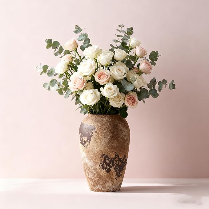 Ceramic Flower Vase 11 inch Tall Vase for Centerpieces,Large Decorative Terracotta Vases,Farmhouse Rustic Vases for Home Decor,Living Room,Table,Neutral,Waterproof