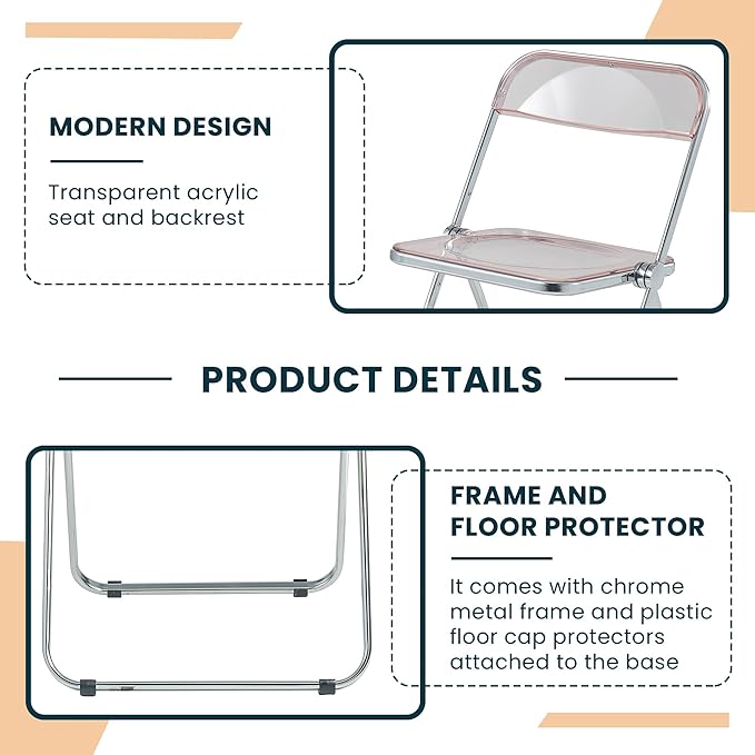 LeisureMod Lawrence Modern Clear Acrylic Folding Chair with Metal Frame, Space-Saving Transparent Seating for Dining Room, Home Office, Bedroom, Vanity or Small Spaces, (Rose Pink, Singles)