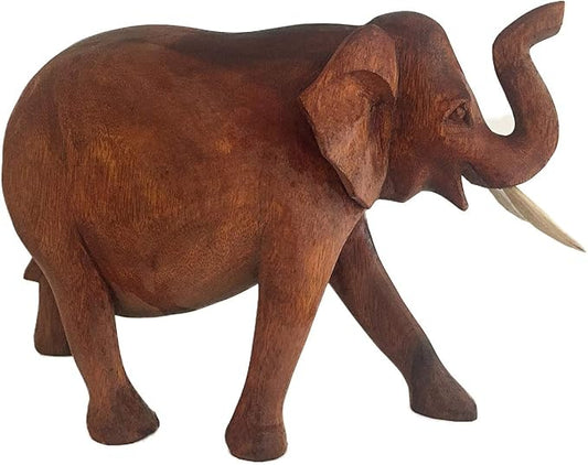 OMA Elephant Statue Solid Wood Hand Carved Lucky Trunk Up Elephant Figurine Home Decor (Large)