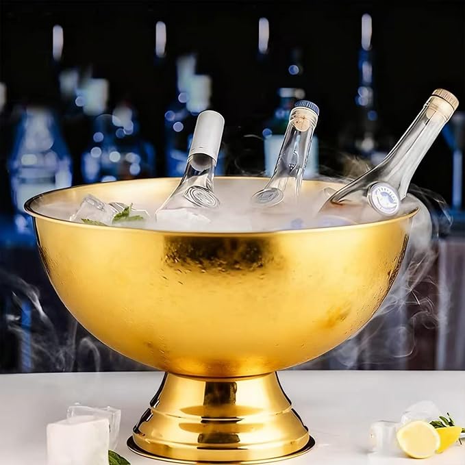 Large Ice Bucket 13L Stainless Steel Champagne Bowl Ice Bucket with Ice Scoop Semicircle Drink Tub with Integrated Base Silver Beverage Tub for Parties, Cocktail Bar, Chilling Wine (1 Pack-Gold)