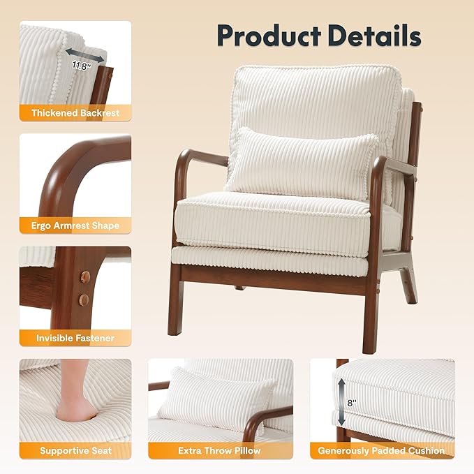 FLEXISPOT AC1 Accent Chair, Mid-Century Modern Armchair with Wood Frame, Comfy Corduroy Upholstered Reading Chair with Lumbar Pillow, 8" Thick Cushion for Living Room Bedroom Sunroom(White)