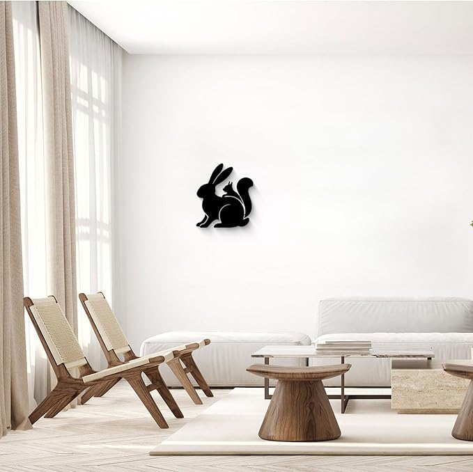 GlintHome Black Metal Wall Art - Rabbit and Squirrel Cute Silhouette Wall Decor for Bathroom Bedroom Living Room Home Decor