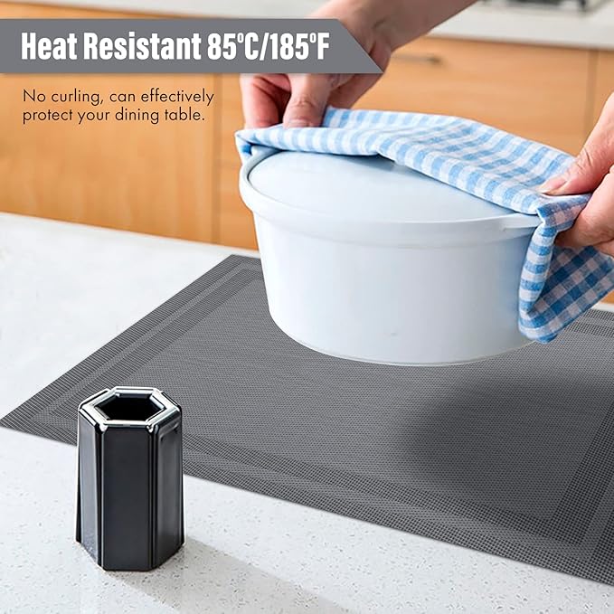 Winknowl Placemats Set of 4，Heat Resistant Woven Vinyl Washable PVC Place Mats，Non-Slip Stain Resistant Indoor/Outdoor Table Mats for Dining Table (Grey)