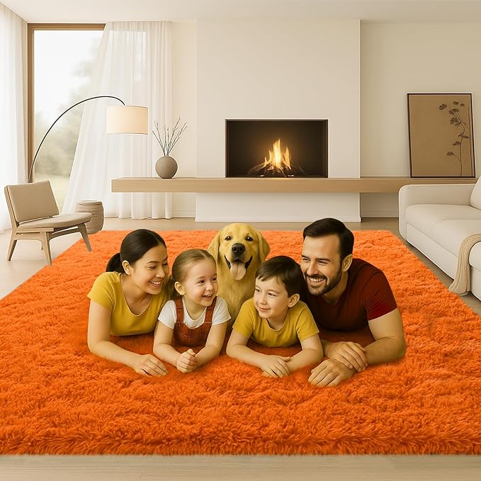 Mtandyx 5x7 Plush Fluffy Area Rugs, Large Soft Carpet, Upgraded Non-Slip Rectangular Rug for Living Room, Bedroom, Kids Room, Dorm,Modern Home Decor Aesthetic,Orange.