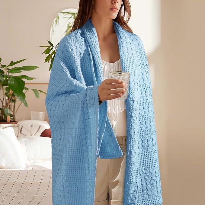 PHF 100% Cotton Waffle Weave Throw Blanket, Soft Lightweight Breathable Cozy Throws for Couch Bed Sofa, 300 GSM Luxury Aesthetic Blanket Gift for Home Decor & Office, 50"x60", Airy Blue