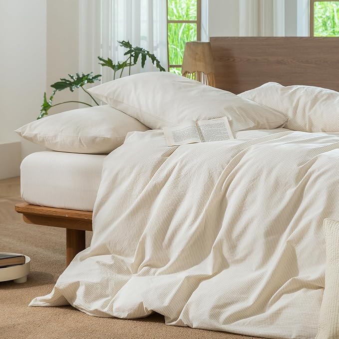 MooMee Striped Duvet Cover Set 100% Washed Cotton Linen Like Textured Breathable Durable Soft Comfy (Almond Milk Grey Pinstripes, Cal King 104"x98")