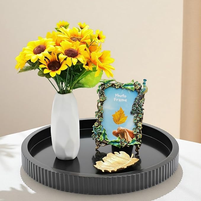 Carah & Cossh Round Wooden Serving Tray, Black Round Decorative Wood Tray, Modern Decorative Tray, Perfect for Storage and Display (Black B)
