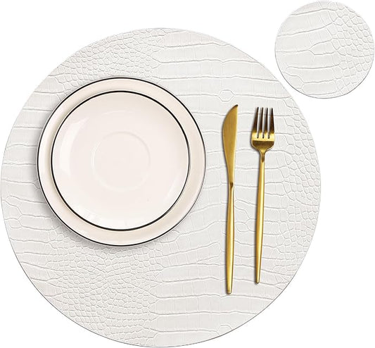 Jovono Round Leather Placemats for Round Tables Set of 8, White Place Mats and Coasters, Wipeable Waterproof Heat Resistant Table Mats Easy to Care for Indoor Decor 14 inch Diameter